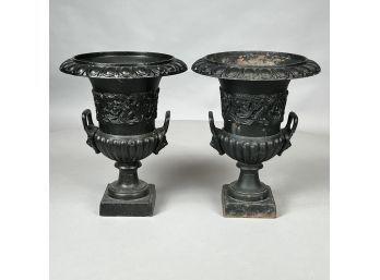 Pair Of Cast-Iron Garden Urns In Black Paint, Twentieth Century