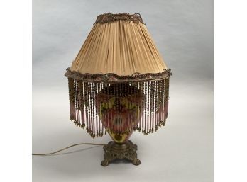 American Brass And Painted Glass Fluid Lamp, With Folded Cotton And Glass Beaded Shade, Mid-Twentieth Century
