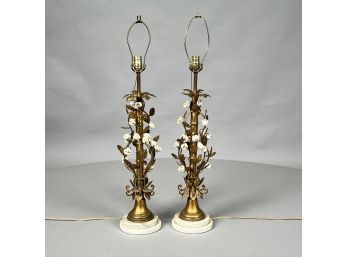 Pair Of Continental Gilt-Metal And Porcelain-Mounted Lamps, Twentieth Century