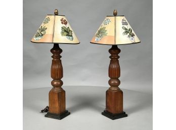 Pair Of Carved Wood Lamps Fitted With Paper Shades