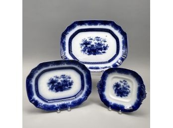 'Indian Jar,' John & Thomas Furnival, 1851-64: Two Staffordshire Ironstone Flow Blue Platters And A Cake Dish