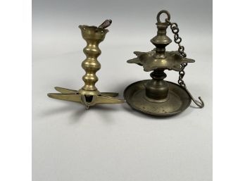 Judaica: European Brass Six-Point Star (Judenstern) Sabbath Lamp, And Another Hanging Lamp