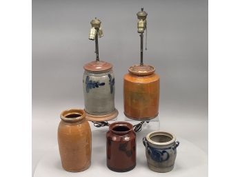 Five New England Glazed Redware And Cobalt Blue-Decorated Saltglaze Stoneware Jars, Nineteenth Century