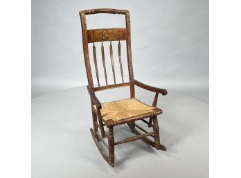American Grain Painted And Stencilled Windsor High-back Sewing Rocker, Nineteenth Century