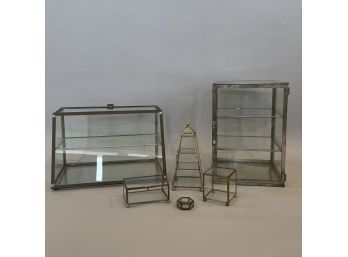 Eleven Contemporary Mahogany, Brass, Steel And Glass Display Cases And Mirrored Stands, Twentieth Century