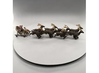 Vintage Painted Cast-Iron Santa Claus And Sleigh With Eight Reindeer