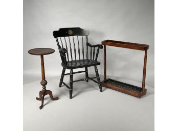 William IV Mahogany Umbrella Stand, George III Style Candlestand, And An MIT Windsor Armchair