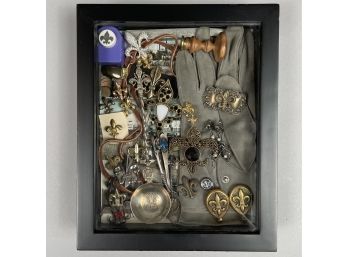 Collector's Display Case Of Fleur-de-Lys Objects In Sterling Silver, Various Metals, Wood, Porcelain And Glass