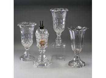 American Pressed Colorless Glass Whale Oil Lamp And Three Celery Vases, Boston & Sandwich Glass Co., 1855-70