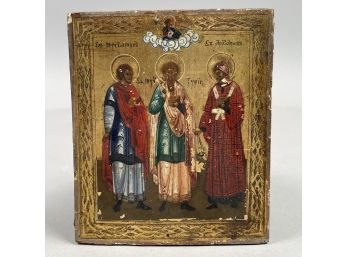 Russian Painted And Gilt Gesso Icon Depicting Three Saints, Early Twentieth Century