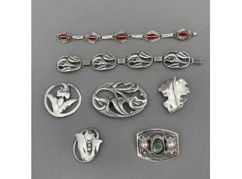 Seven American And Danish Sterling Silver Brooches And Bracelets, Various Makers, Twentieth Century