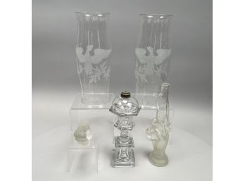 Pair Of American Etched Glass Hurricane Shades, And Three Glass Table Articles
