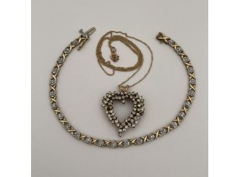 Ladies 10k Yellow Gold And Diamond Cluster Pendant Necklace And Tennis Bracelet