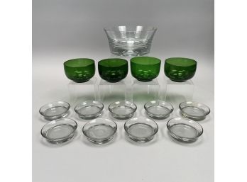 Contemporary Colorless Lead Glass Ice Cream Set, And A  Set Of Four Emerald Glass Finger Bowls