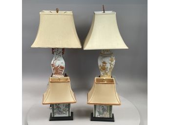 Near Pair Of Chinese Export Porcelain Famille Rose Lamps, And Two Single Lamps