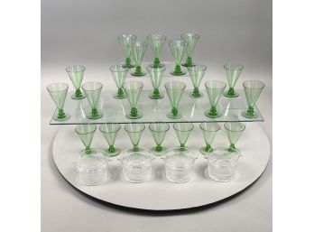 Set Of Italian Venetian Green Glass Wine Glasses, And A Set Of Four Cut-Glass Wine Rinsers, Twentieth Century