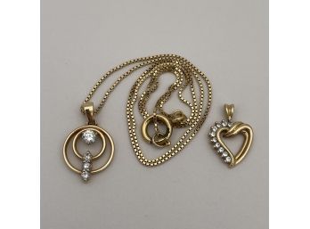 Two Ladies 14k Yellow Gold Diamond Pendants And A Necklace