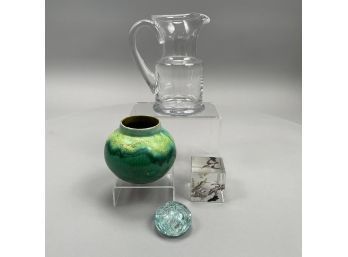 Simon Pearce Colorless Blown Glass Pitcher And A Levay Paperweight, Twentieth Century