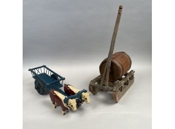 New Hampshire Folk Art Carved And Painted Oxen Cart. Together With A Sled With Oak Keg And Yoke