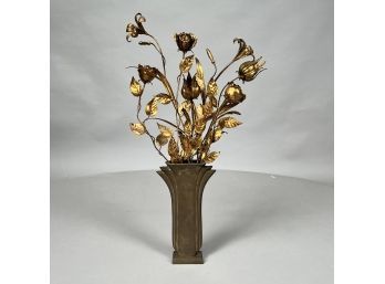 Art Deco Style Patinated-Metal Urn, Filled With Gilt Metal Roses, Lilies And Tuilps, Twentieth Century