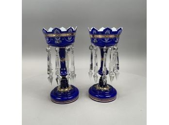 Pair Of Bohemian Blue Cased Glass Enamel-Decorated Lustres, Late Nineteenth Century