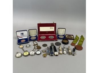 Large Group Of American And British Pocket Watches, Wrist Watches And Souvenir Medallions, Twentieth Century