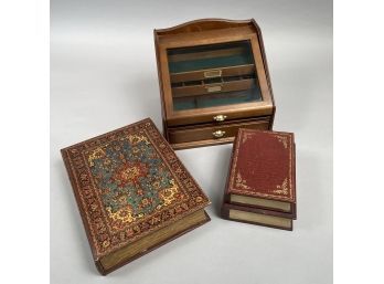 Modern Walnut Slant-Front Specimen Cabinet, And Two Book-Form Boxes, Twentieth Century