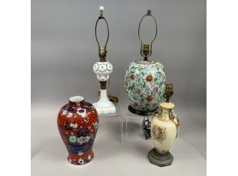 Three English And American Ceramic Vases/ Lamps And A Glass Lamp, Nineteenth And Twentieth Century