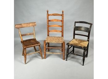 Two American Hitchcock Chairs And A Ladderback Chair