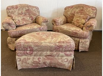 Pair Of Cream & Rose Upholstered Lounge Chairs With Ottoman
