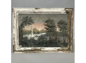 Continental Or American School. 'Church And Sailboat In A Coastal Landscape.' Pastel, Nineteenth Century