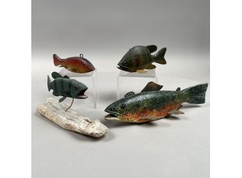 Three Carved And Painted Wood Weighted Decoys, And A Carved Figure Of A Bass By K. Deardorff, 1988
