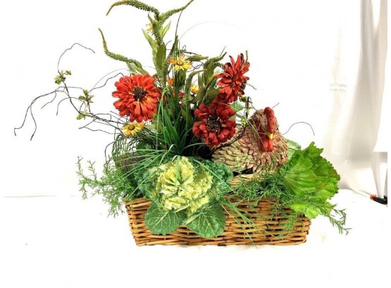 Floral Arrangement With Chicken In Wicker Basket