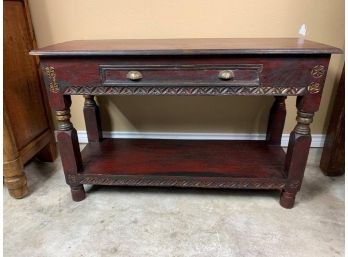 Rustic, Deep Cherrywood Console Table With Shelf And Drawer