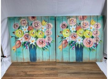 Lot Of (2) Flower Arrangement Painted On Crate Boards