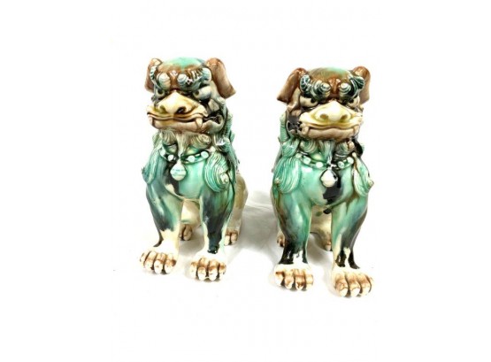 Pair Of  Vintage Chinese Ceramic Glazed Foo Dogs