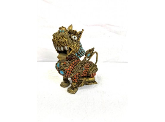 Antique Chinese Tibetan Foo Dog Metal Figurine With Coral & Turquoise