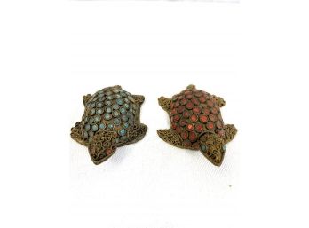 Small Antique Tibetan Chinese  Metal Coral & Turquoise Turtle Figurines