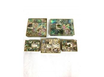 Vintage Metal And Wood Abalone Trinket Boxes Made In Mexico