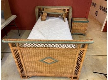 Beautiful Wicker Set - Includes Twin Bed With Head And Foot Board , Chair With Side Table, Clothes Hamper And