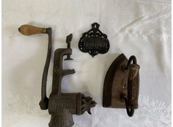 Assortment Of Antique Cast Iron Grinder Match Holder And Iron