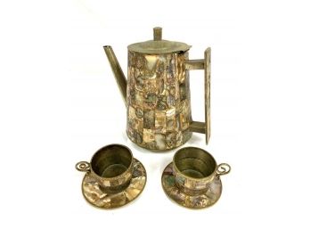 Vintage Abalone And Brass Tea Pot And 2 Cups And Saucers