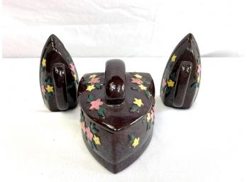 Set Of Vintage Ceramic Glazed Iron Salt And Pepper Shakers And Sugar Decanter With Lid