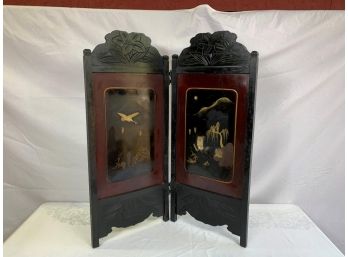 Small Black Wood Oriental Screen - 2 Panels With Design On Front