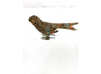 Small Antique Chinese Tibetan Metal Coral And Turquoise Bird Figurine