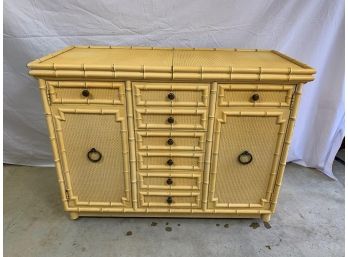 Vintage Bamboo And Wicker Side Buffet Table With Both Sides Extending Out Sideways