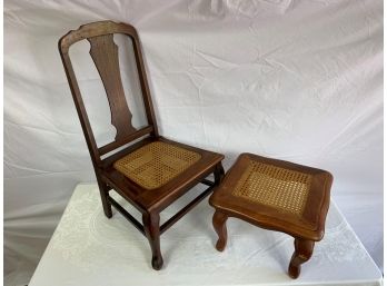 Child's  Chair And Stool Caned Bottom  On Chair And Top Of Stool