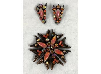 Vintage Jeweled Brooch And Clip Earrings