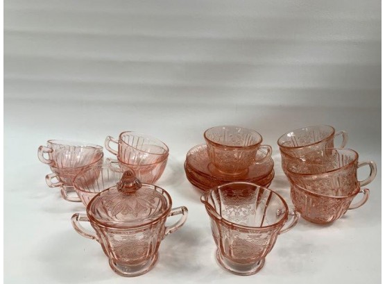 Vintage Pink Depression Glass 5 Cups With Saucers, 5 Cups And Creamer And Sugar