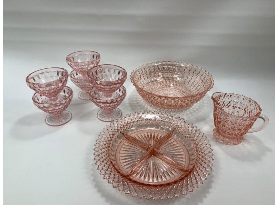 Vintage Pink Depression Glass 6 - Sherbet Dishes, Creamer, Relish Dish Bowl